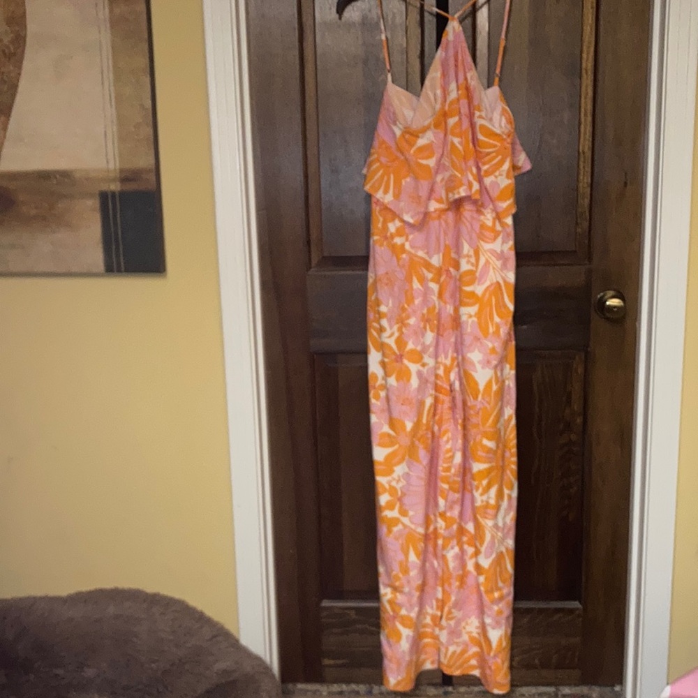 Pink Lily Orange and Pink Floral Jumpsuit Size Medium